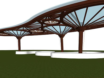 Outdoor Pergola With Curved Wooden Frame Glass Roof Panels White Circular Bases On Green Lawn 3d model