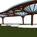 Outdoor Pergola With Curved Wooden Frame Glass Roof Panels White Circular Bases On Green Lawn