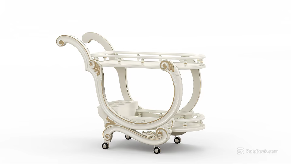 Elegant White Serving Cart With Carved Design And Two Tier Shelves On Wheels 3d model 