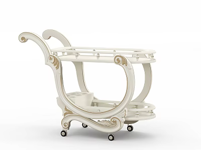 Elegant White Serving Cart With Carved Design And Two Tier Shelves On Wheels 3d model