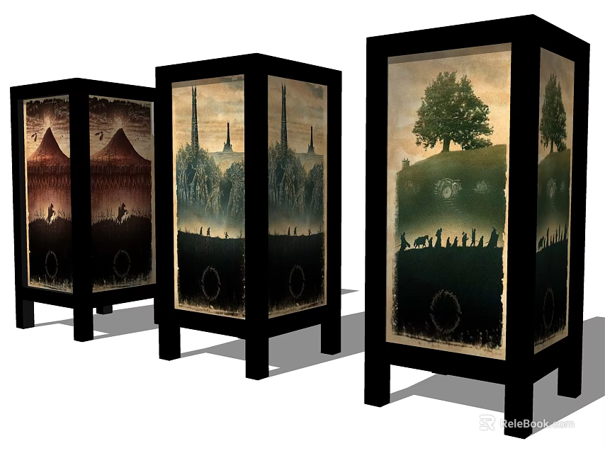 Artistic Scenic Floor Lamps With Black Frame And Landscape Print Design 3d model 