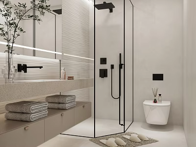 Modern Bathroom Design With Glass Shower Gray Countertop White Toilet Towels Green Plant And Lighting 3d model