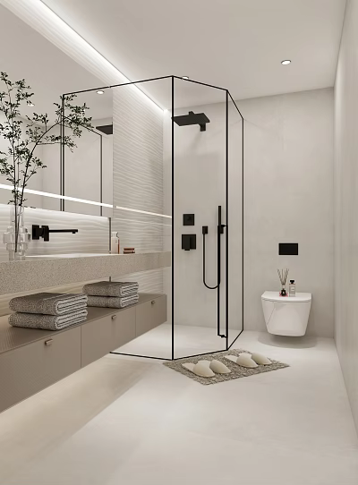 Modern Bathroom Design With Glass Shower Gray Countertop White Toilet Towels Green Plant And Lighting 3d model