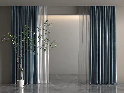 Dark Blue Velvet Curtains With White Sheer In Modern Interior With Green Plant Gray Floor 3d model