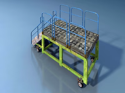 Industrial Mobile Platform Equipment With Blue Guardrails Green Frame And Metal Mesh 3d model