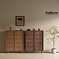 Poliform Modern Walnut Entryway Cabinet And Side Cabinet With Decorative Items And Potted Plant