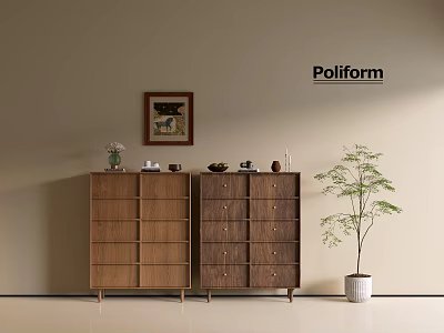 Poliform Modern Walnut Entryway Cabinet And Side Cabinet With Decorative Items And Potted Plant 3d model