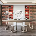 Traditional Chinese Tea Room With Wooden Bookshelves Red Compartments Circular Decoration Long Table And Stools