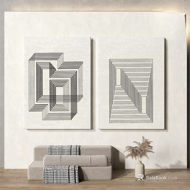 Two Panel Abstract Paintings With Geometric Lines And Modern Black White Design 3d model