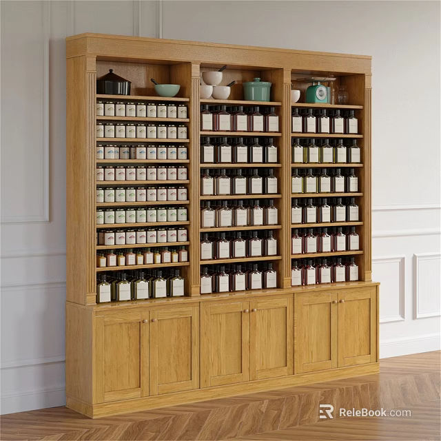 Wooden Display Shelf with Multi Tiered Storage for Jars and Bottles in Interior Setting 3d model 