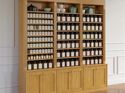 Wooden Display Shelf with Multi Tiered Storage for Jars and Bottles in Interior Setting 3d model