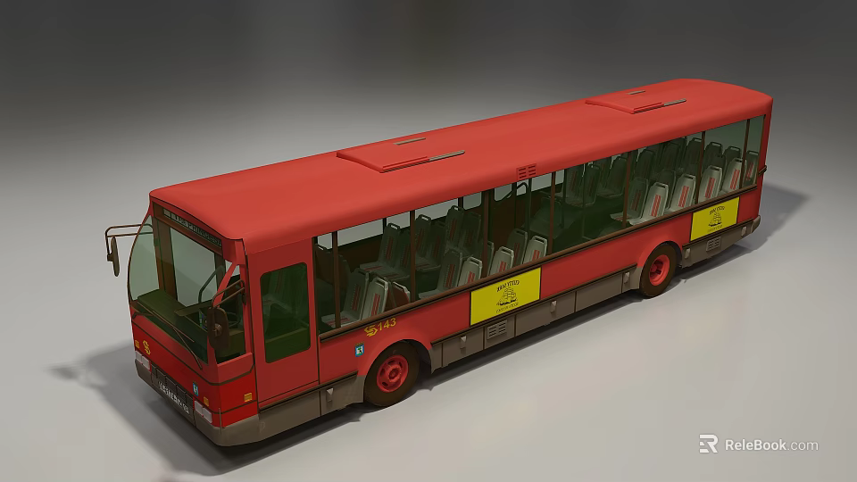 Red City Bus With Large Windows Comfortable Seats and Yellow Exterior Signage 3d model 