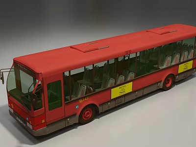 Red City Bus With Large Windows Comfortable Seats and Yellow Exterior Signage 3d model