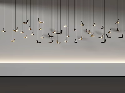 Hanging Bird Shaped Decorations With Lit And Unlit Lights On White Wall Gray Floor 3d model