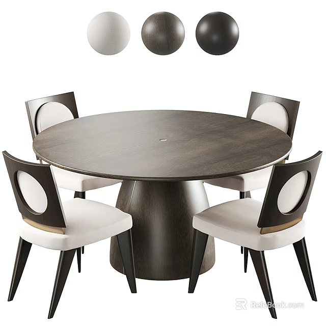 Modern Dark Wood Round Dining Table Set With Four White Upholstered Chairs 3d model 