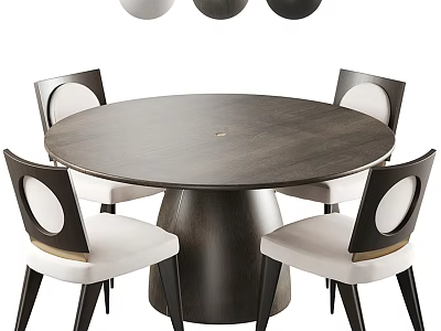Modern Dark Wood Round Dining Table Set With Four White Upholstered Chairs 3d model