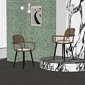 Modern Rattan Dining Chairs With Black Legs Upholstered Seats And Green Mosaic Wall
