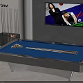 Modern Billiard Room With Blue Felt Table Cue Sticks And TV Showing Game