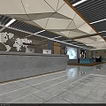 Modern Front Reception Area with Teal Curved Desk Wooden Flooring Geometric Ceiling and Display Screens