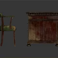 Vintage Wooden Desk With Marble Top And Drawers Paired With Green Upholstered Chair