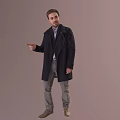 Man Wearing Navy Coat Blue Shirt Gray Pants Pointing To The Right On Light Brown Background