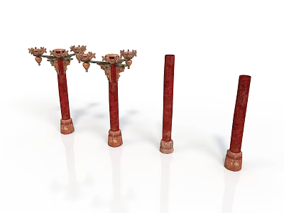 Red Architectural Columns With Decorative Carved Tops And Simple Cylindrical Designs 3d model