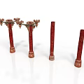 Red Architectural Columns With Decorative Carved Tops And Simple Cylindrical Designs
