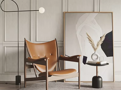 Brown Leather Accent Chair with Wooden Frame Near Floor Lamp Abstract Painting and Side Table 3d model