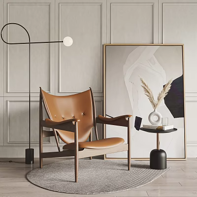 Brown Leather Accent Chair with Wooden Frame Near Floor Lamp Abstract Painting and Side Table 3d model