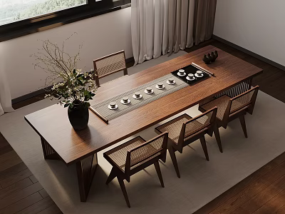 Natural Wooden Tea Table With Matching Chairs And Tea Set Decorative Plants 3d model