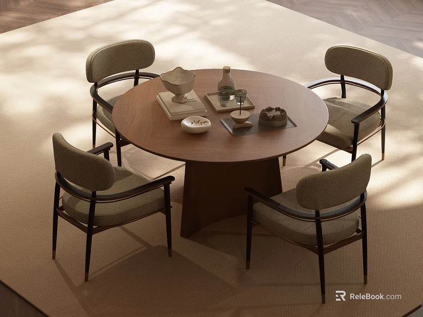 Modern Round Wooden Dining Table Set with Four Light Gray Chairs and Black Frames 3d model