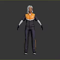 Gray and Orange Utility Jumpsuit with White Headscarf Black Gloves and Black Shoes