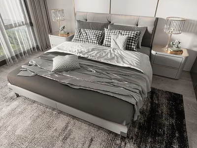 Modern Double Bed With Gray Headboard Bedding Pillows Nightstands Table Lamps Window Curtains And Rug 3d model