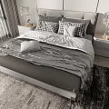 Modern Double Bed With Gray Headboard Bedding Pillows Nightstands Table Lamps Window Curtains And Rug