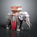Ornate Elephant Sculpture With Decorative Tower Top And Red Drapery Details