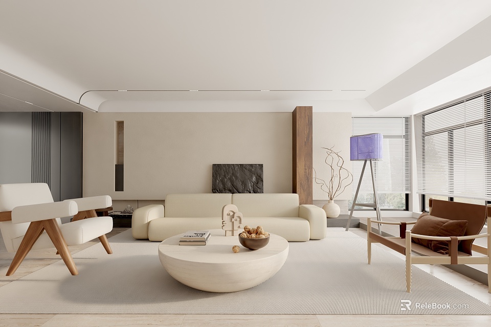 Modern Minimalist Living Room Interior With Beige Sofa White Round Coffee Table And Wooden Furniture 3d model 