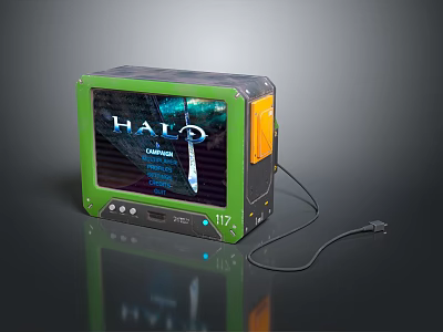 Halo Themed TV with Green and Orange Case Screen Displaying 117 and Connected Cable 3d model