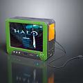 Halo Themed TV with Green and Orange Case Screen Displaying 117 and Connected Cable