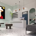 Modern Interior Design With Reception Counter Geometric Arches Round Mirrors And Stools