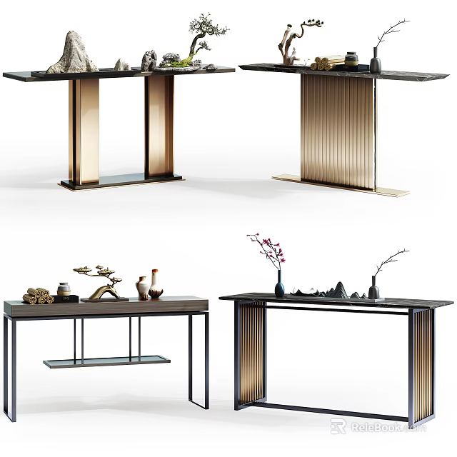 Elegant Modern Console Table Design With Marble Top Golden Metal Frame And Decorative Ornaments 3d model 
