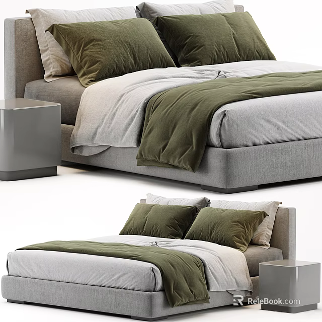 Modern Double Bed With Green Pillows White And Green Bedding And Grey Bedside Table 3d model 