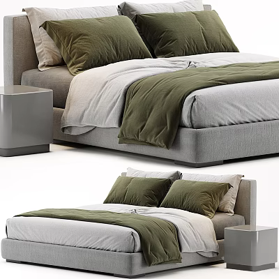 Modern Double Bed With Green Pillows White And Green Bedding And Grey Bedside Table 3d model