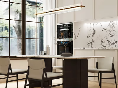 Modern Dining Table And Chairs Set With White Tabletop Black Legs Pendant Light Marble Backsplash 3d model