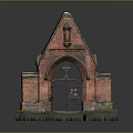 Red Brick Building With Arched Gate Gable Top Sculpture Iron Gate And Grass Base