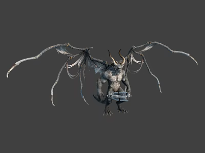 Mythical Winged Horned Demon Creature With Muscular Body Clawed Limbs And Outstretched Wings 3d model