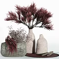 Decorative Ornament Set with Silver Mesh Vase Red Plants White Vase And Purple Small Flowers