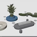 Modern Lounge Seating Furniture With Circular Beige Blue Gray Green Pieces And Potted Plant