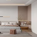 Modern Bedroom Interior With Bed Nightstand Chair Curtains Rug And Soft Lighting