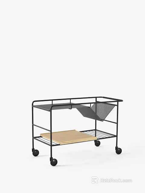 Modern Rolling Cart With Mesh Basket And Wooden Shelf 3d model 
