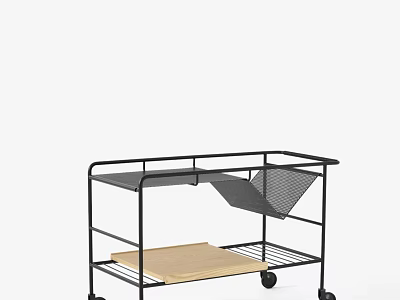Modern Rolling Cart With Mesh Basket And Wooden Shelf 3d model
